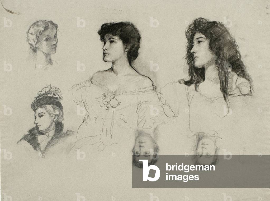 Sketches of six female heads (pencil & chalk on paper)