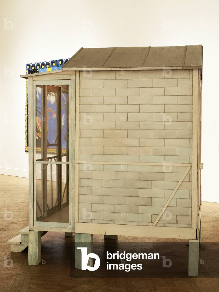 Tourist Cabin (Pensacola), 1976 (acrylic & enamel on wood & masonite, with glass, plastic, metal screening, wallpaper, & incandescent light)
