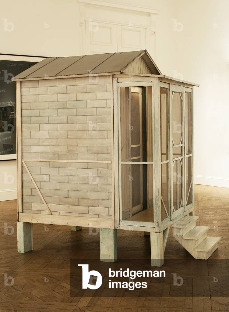 Tourist Cabin (Pensacola), 1976 (acrylic & enamel on wood & masonite, with glass, plastic, metal screening, wallpaper, & incandescent light)