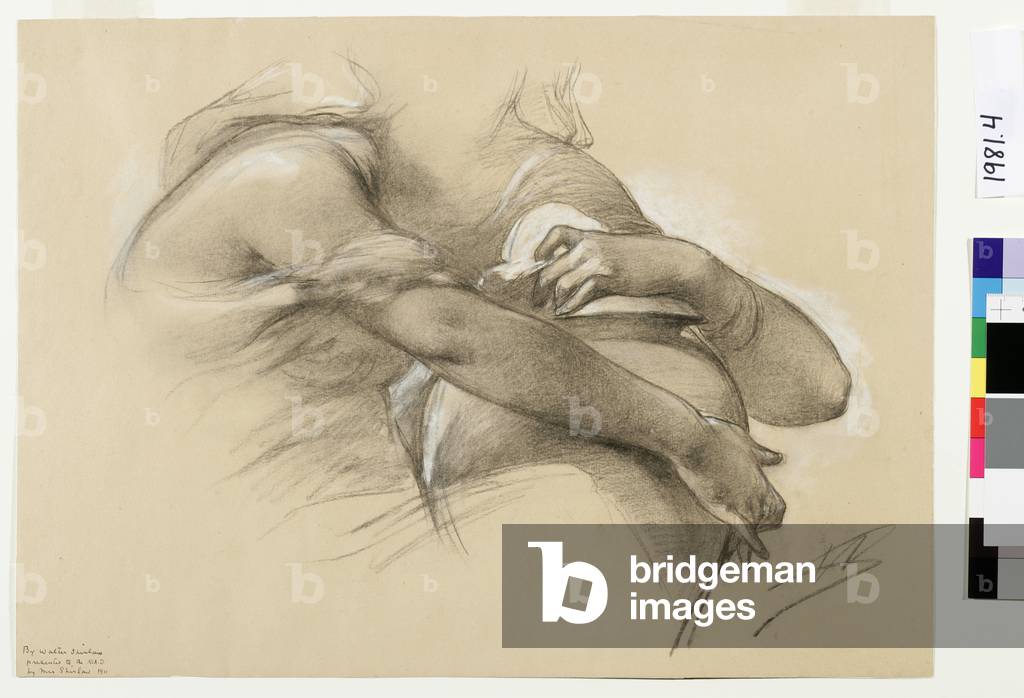 Sketch of woman's arms holding a jar (black & white chalk on paper)