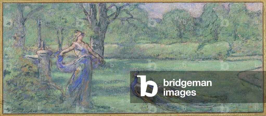 Woman with peacocks in a garden (pastel on paper)