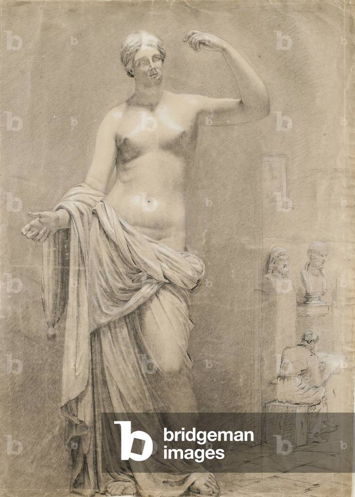Cast of Venus with student sketching in background (black chalk with white heightening on paper)