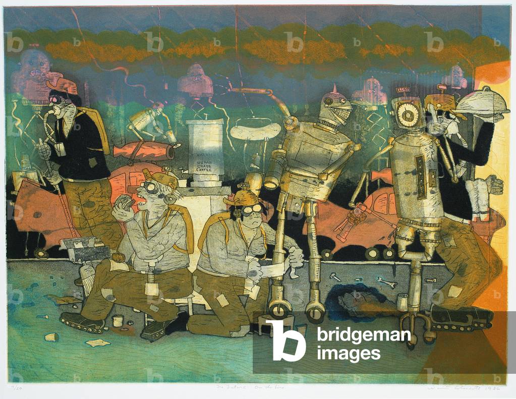 The Future: On the Line, 1986 (colour etching, soft-ground etching, aquatint & relief on white bfk rives paper)