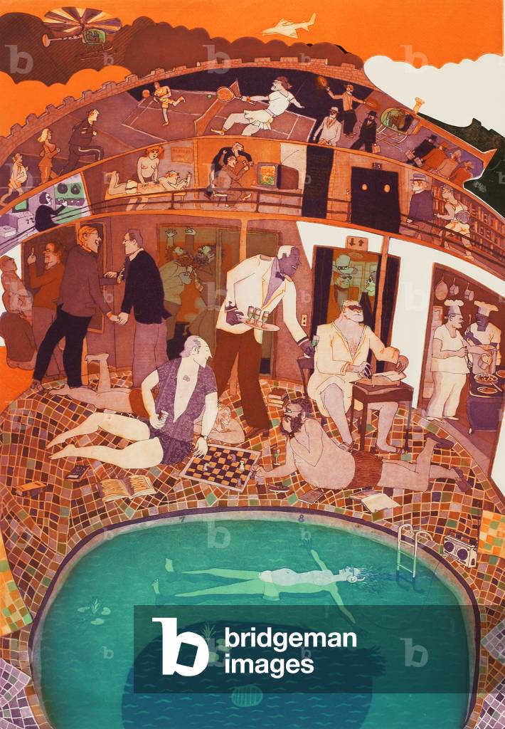 Washington Video: Down in the Think Tank, 1982 (colour etching, soft-ground etching & aquatint on white arches paper)