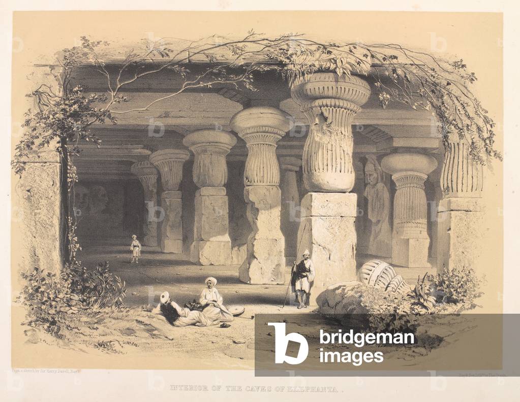 Interior of the Caves of Elephanta (coloured lithograph)
