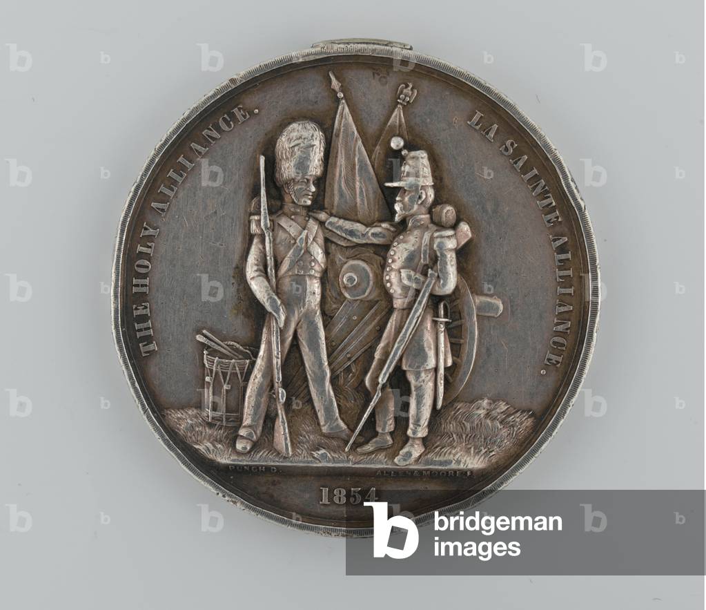 Silver Patriotic Fund medal commemorating the alliance between England and France 1854, awarded by the Mayor of Dover, 1855 (metal)