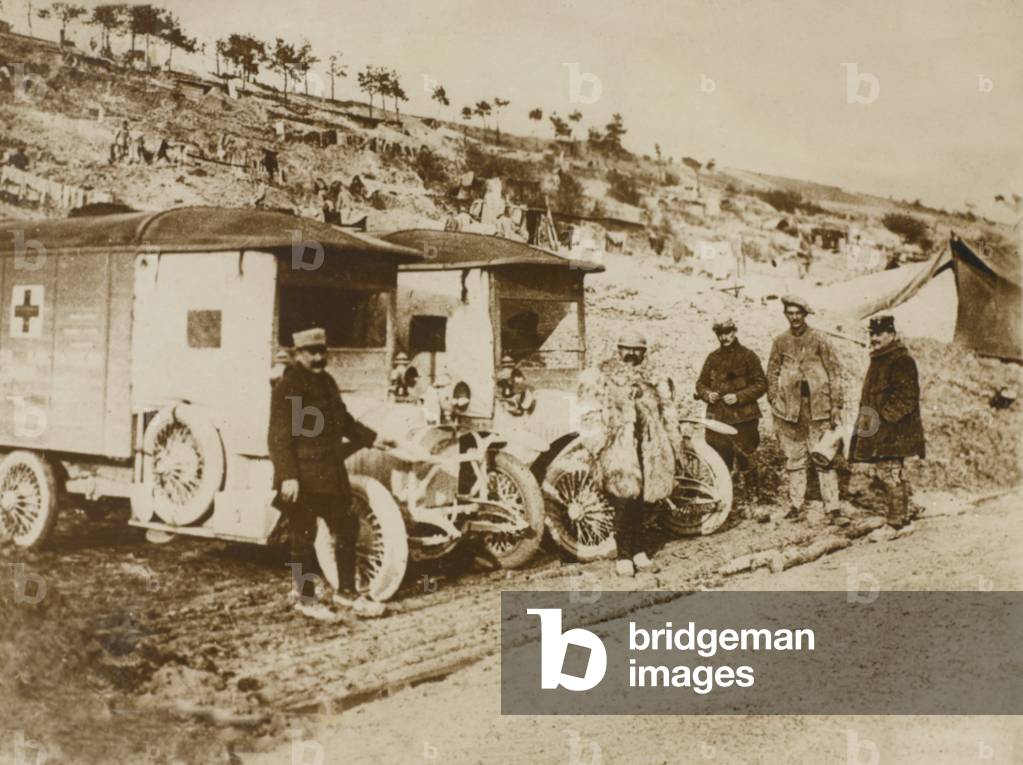 Red Cross vehicles and soldiers at the Front, 1914-18 (b/w photo)
