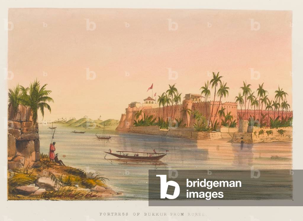 Fortress of Bukkur from Roree, 1838 circa (coloured lithograph)