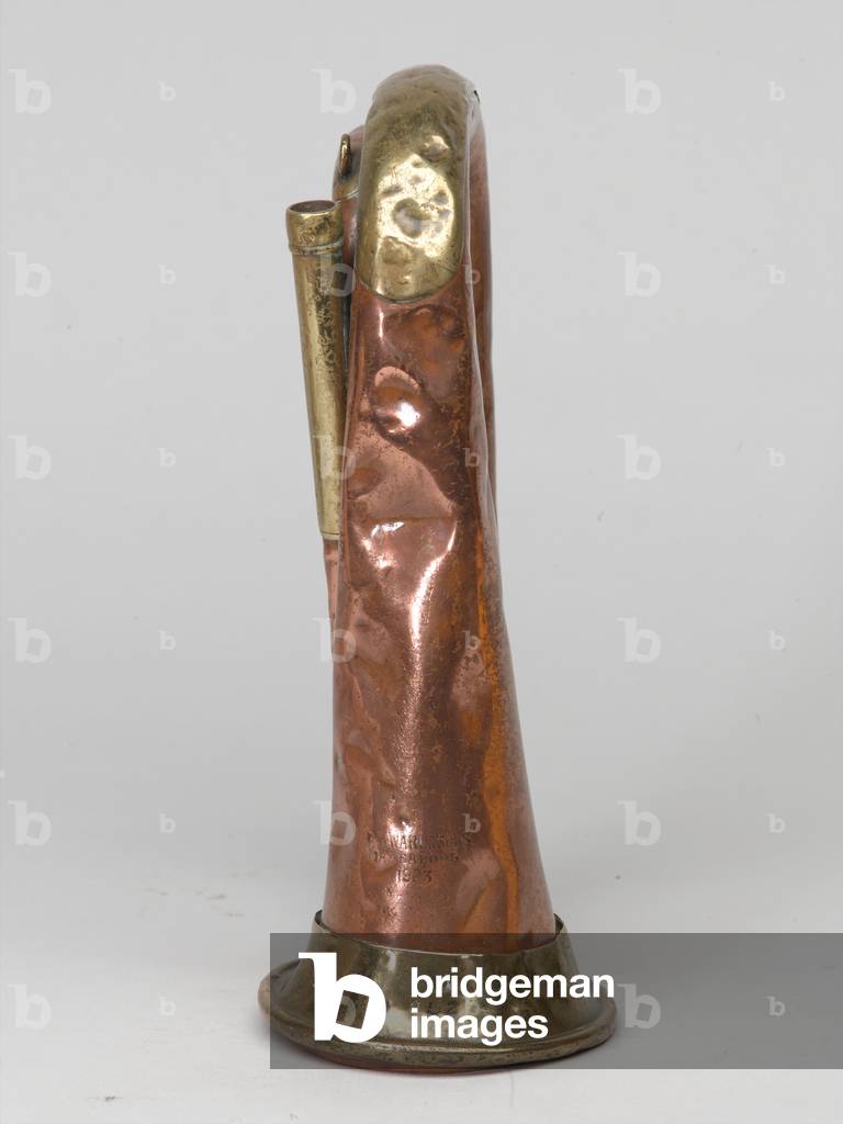 British Army bugle recovered from a Chinese position, Gloster Valley, Korea, 1951 (copper and brass)