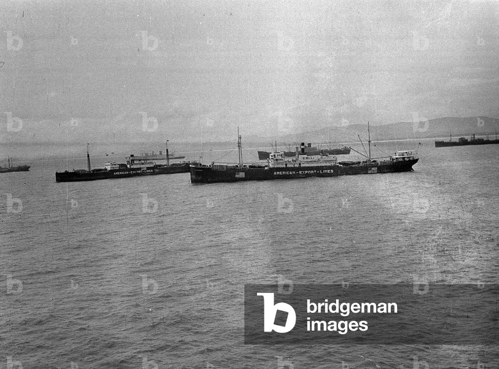 U.S. Shipping in the Bay, loaded with planes for RAF. (How very neutral), Cape Town, South Africa, 1941 (b/w photo)