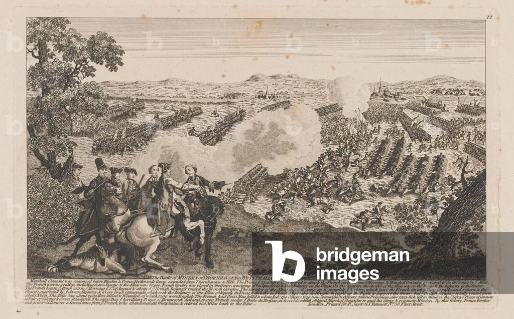 The Battle of Minden or Thornhausen in Westphalia on 1st of Aug 1759 (line engraving)