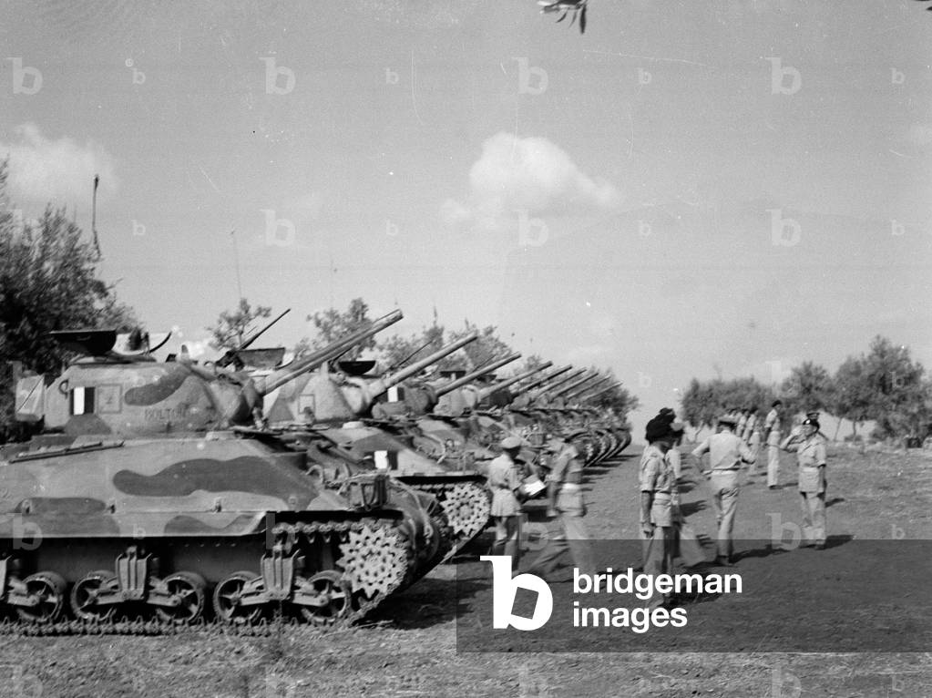 Inspection of tanks and crews of B Squadron 3rd County of London Yeomanry (Sharpshooters) by Brigadier John Currie, Commander of 4th Armoured Brigade, Misterbianco, Sicily, 1943 (b/w photo)