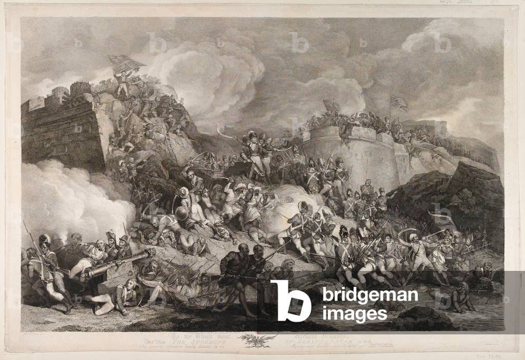 The Storming of Seringapatam, 1799 (stipple engraving, coloured)