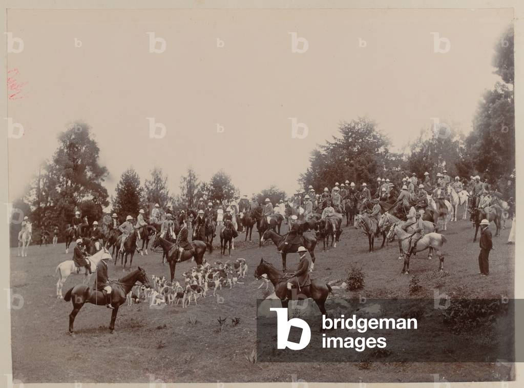 British and Indian riders at a meeting of the Ootacamund Hunt, 1899 (b/w photo)