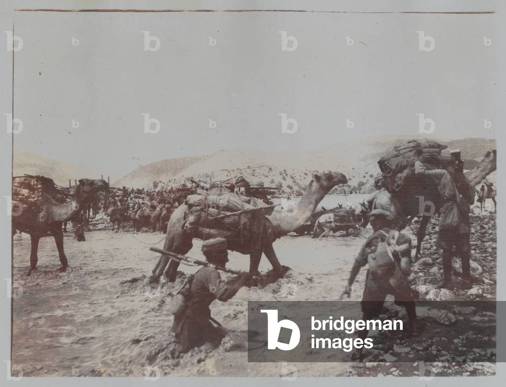 Troops with camels fording the Tank Zam River, 1919 circa (b/w photo)