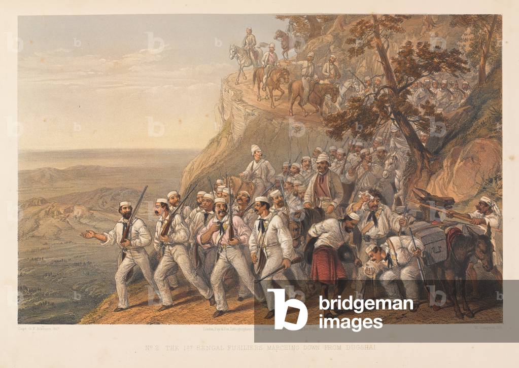 The 1st Bengal Fusiliers marching down from Dugshai, 1857  (coloured lithograph)