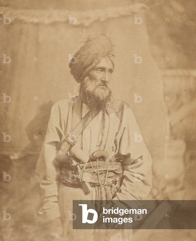 Pathan officer of the Punjab Irregular Cavalry, 1860 circa (b/w photo)