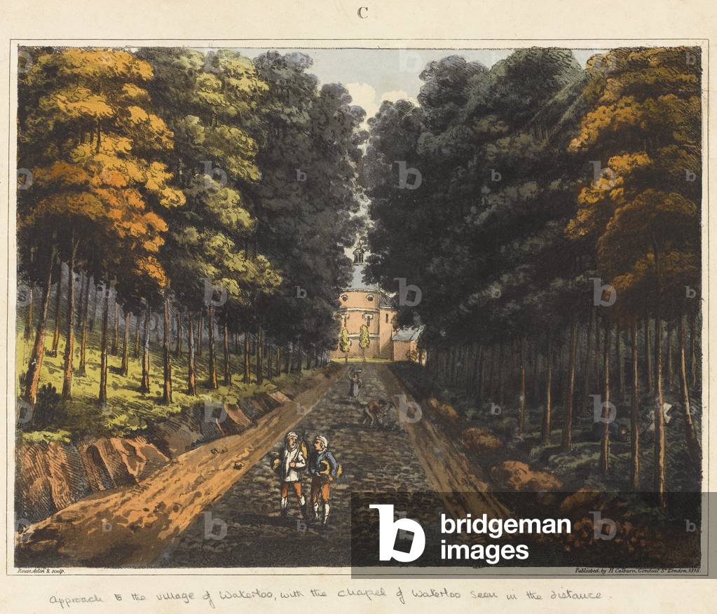 Approach to the village of Waterloo, with the Chapel of Waterloo seen in the distance, from ‘An Historical Account of the Battle of Waterloo’, 1817 (coloured aquatint)