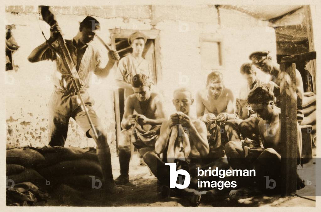 British soldiers working in the shade, c.1916 (b/w photo)