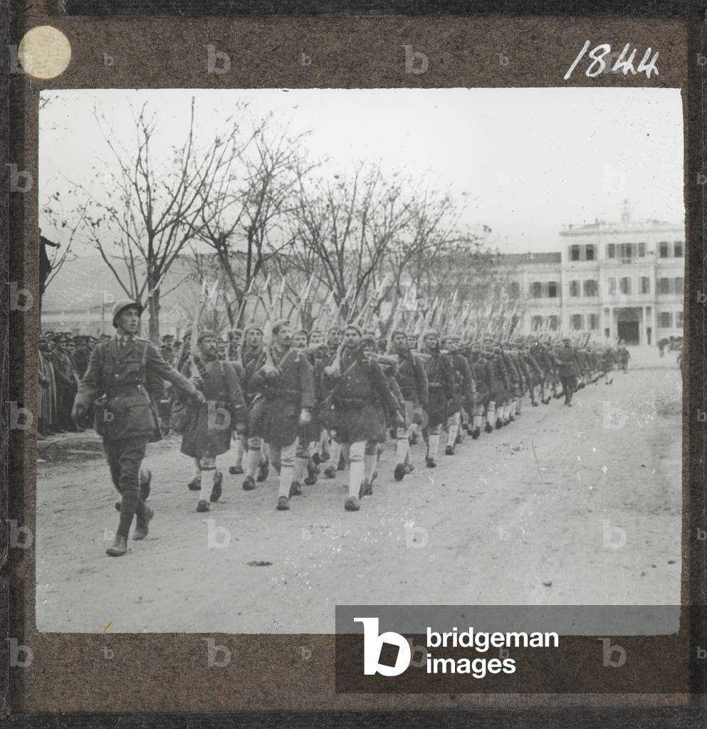 Greek soldiers arrive at Salonika, 1917 (lantern slide)