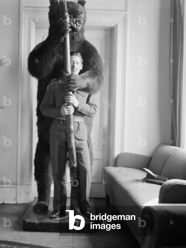 The bear stolen from Lemkuhlen by Bernard Coates and Allan Baillie and taken by jeep to Salzau, 1945 (b/w photo)