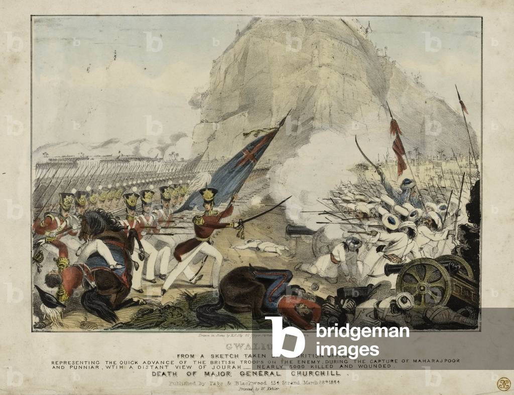 Death of Major General Churchill, Gwalior, 1843 (colour litho)