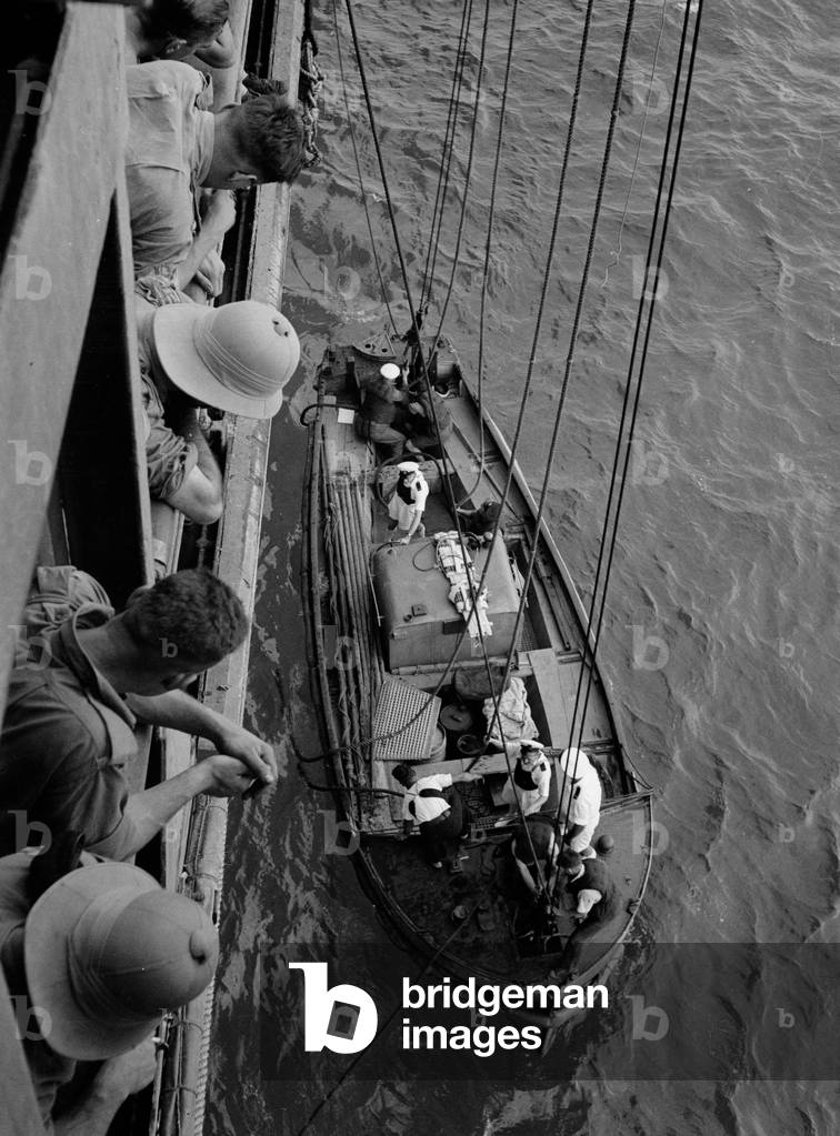 Man overboard' drill. Cutter getting away, HMT Orion en route to Egypt, 1941 (b/w photo)