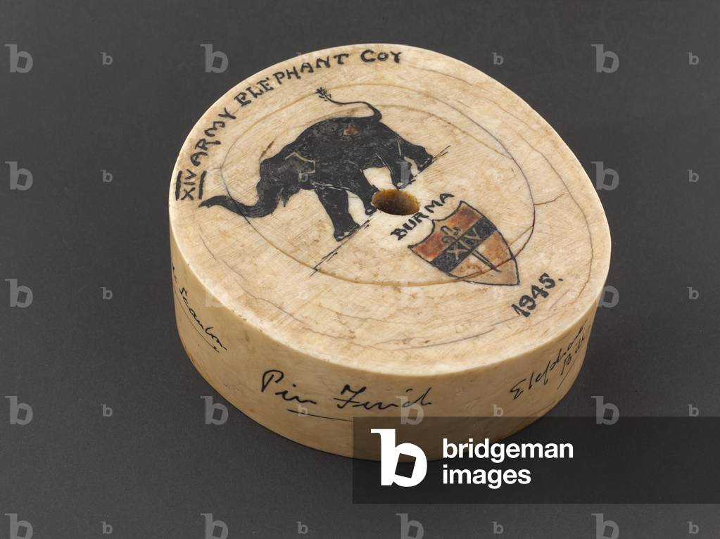 Commemorative ivory ornament, Elephant Company, Royal Indian Engineers, 1945 (ivory)