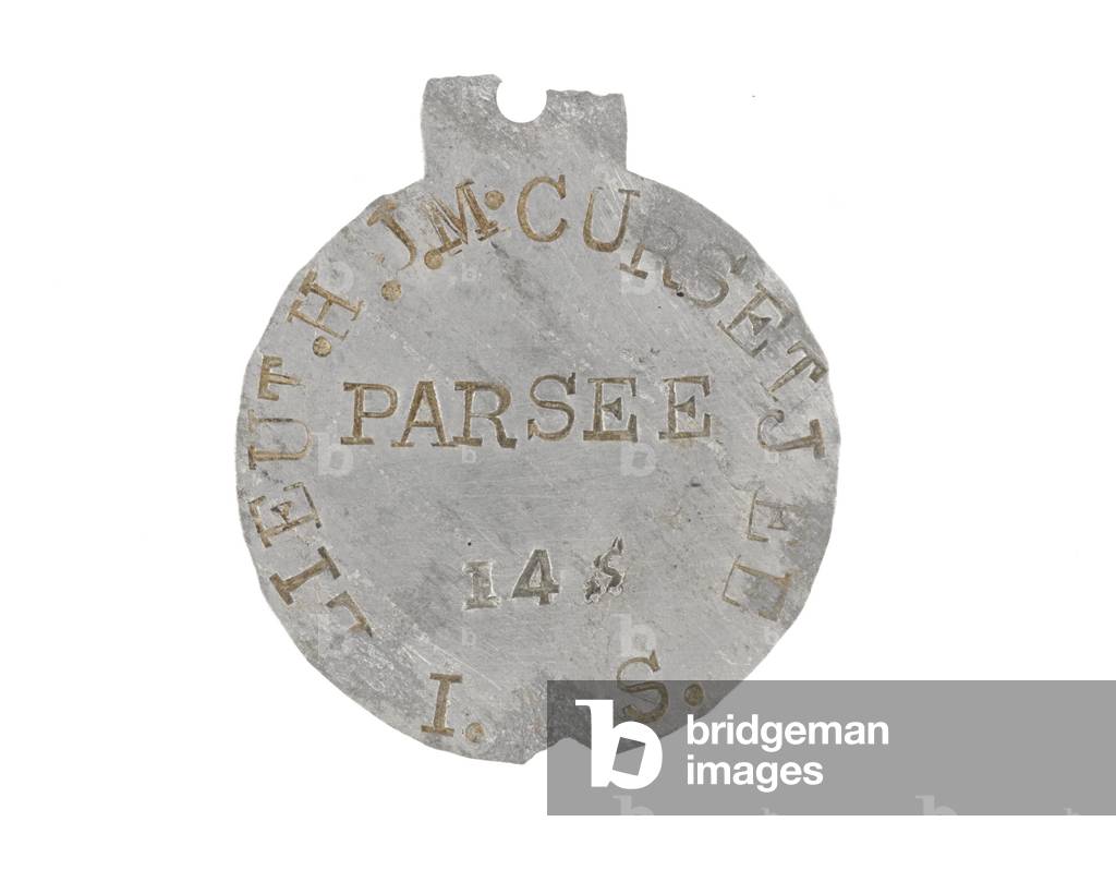 Identity tag worn by Lieutenant Heerajee Jehangir Manockjee Cursetjee, 1913 circa (metal)
