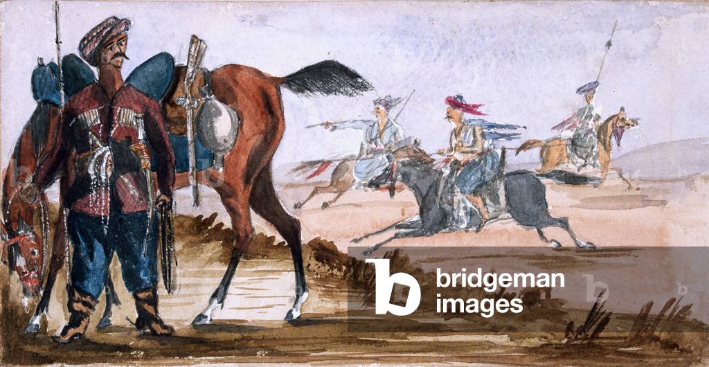 Bashi Bazouk of Circassia, & others at exercise in the background (watercolour and pencil)