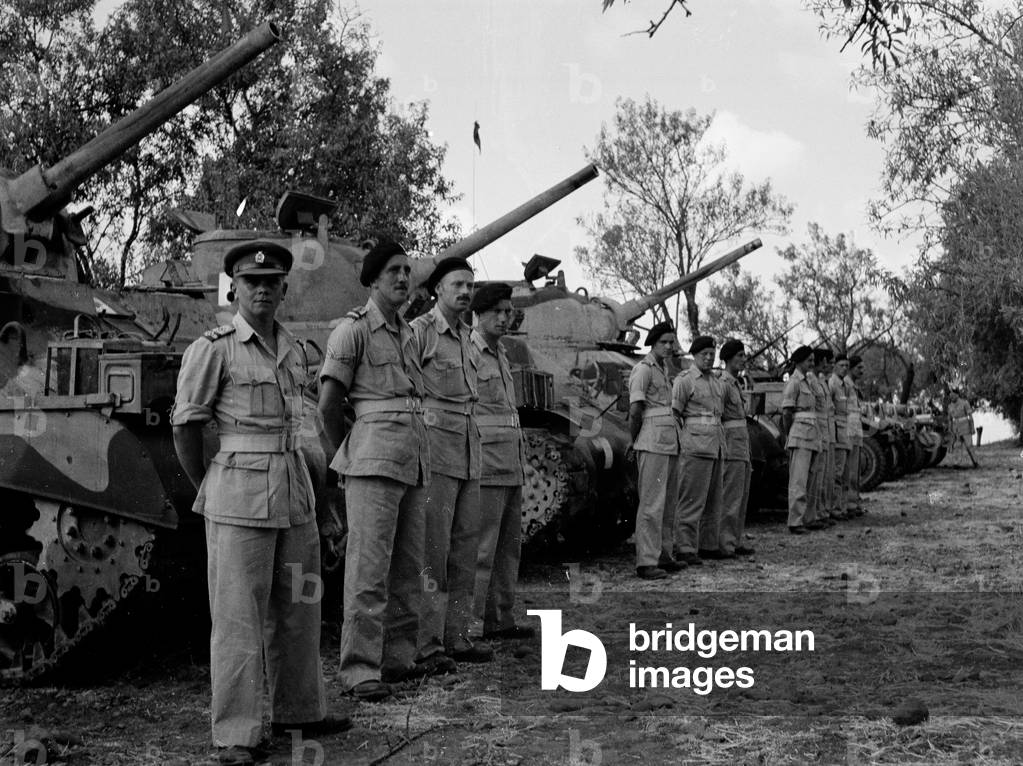 Headquarters tanks and crews at an inspection by Brigadier John Currie, Commander of 4th Armoured Brigade, Misterbianco, Sicily, 1943 (b/w photo)