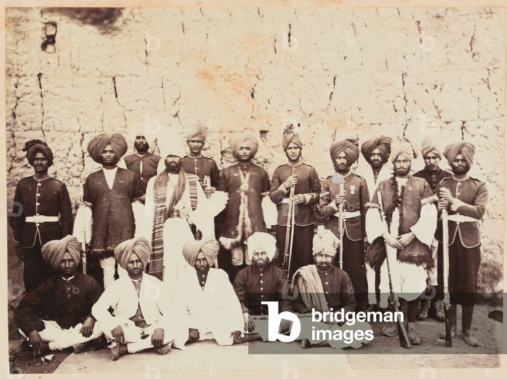 Soldiers of the 29th (Punjab) Regiment of Bengal Native Infantry in Afghanistan, 1878 circa (b/w photo)