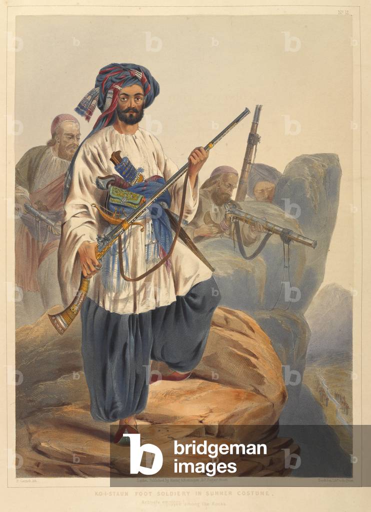 Ko-i-Staun foot soldiery in summer costume, actively employed among the rocks (colour litho)