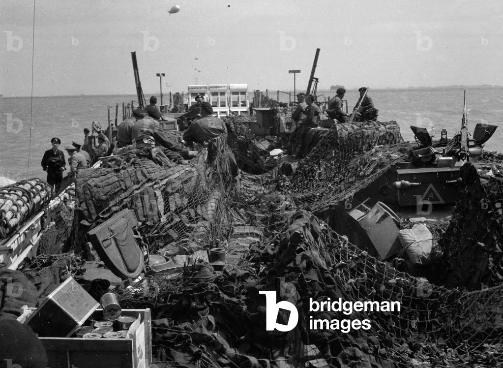 A camouflaged Landing Craft shortly after leaving Portsmouth, June 1944 (b/w photo)
