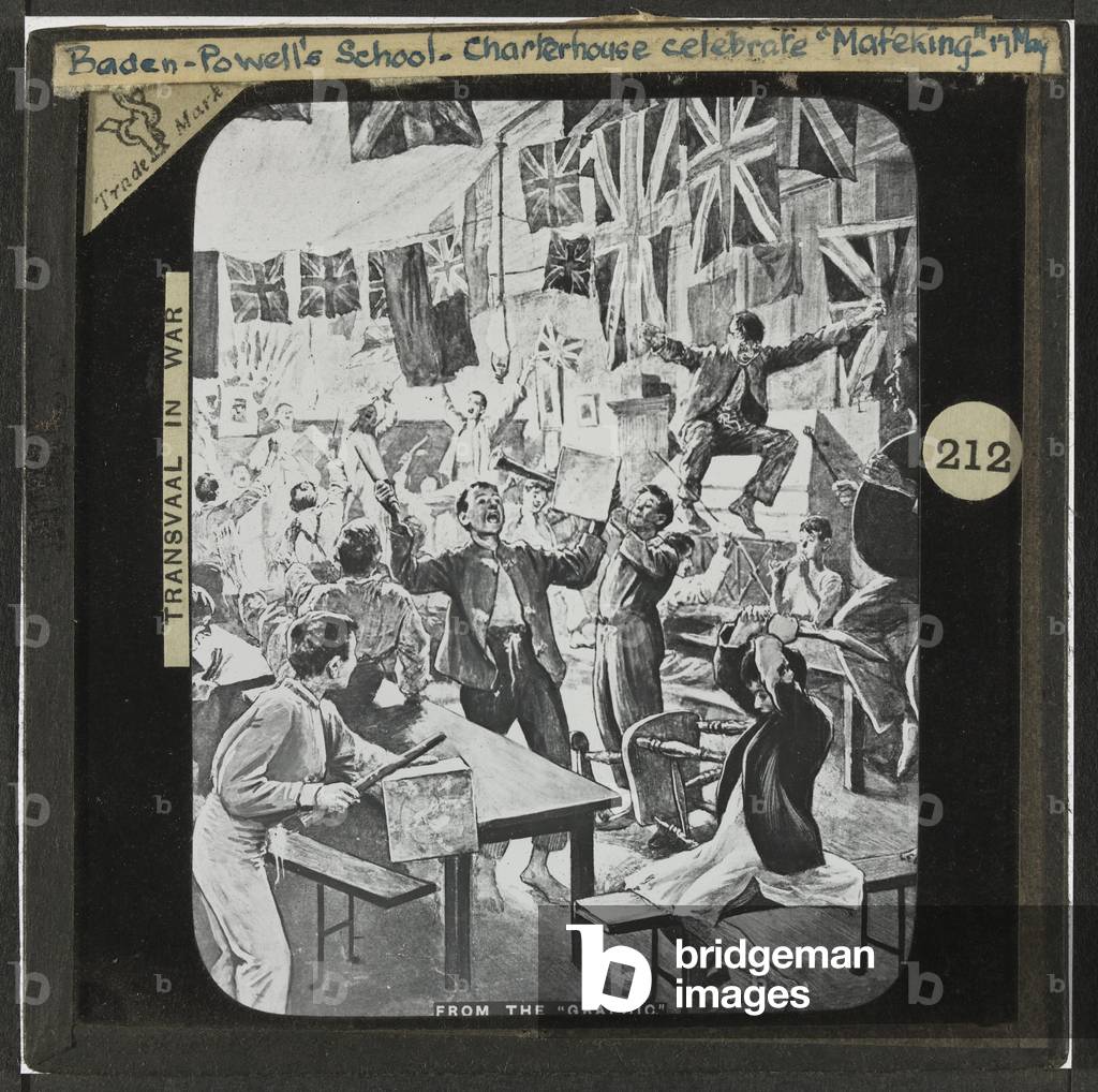 Lantern slide of pupils at Charterhouse, Baden Powell’s school, celebrating the relief of Mafeking, 1900 (litho)