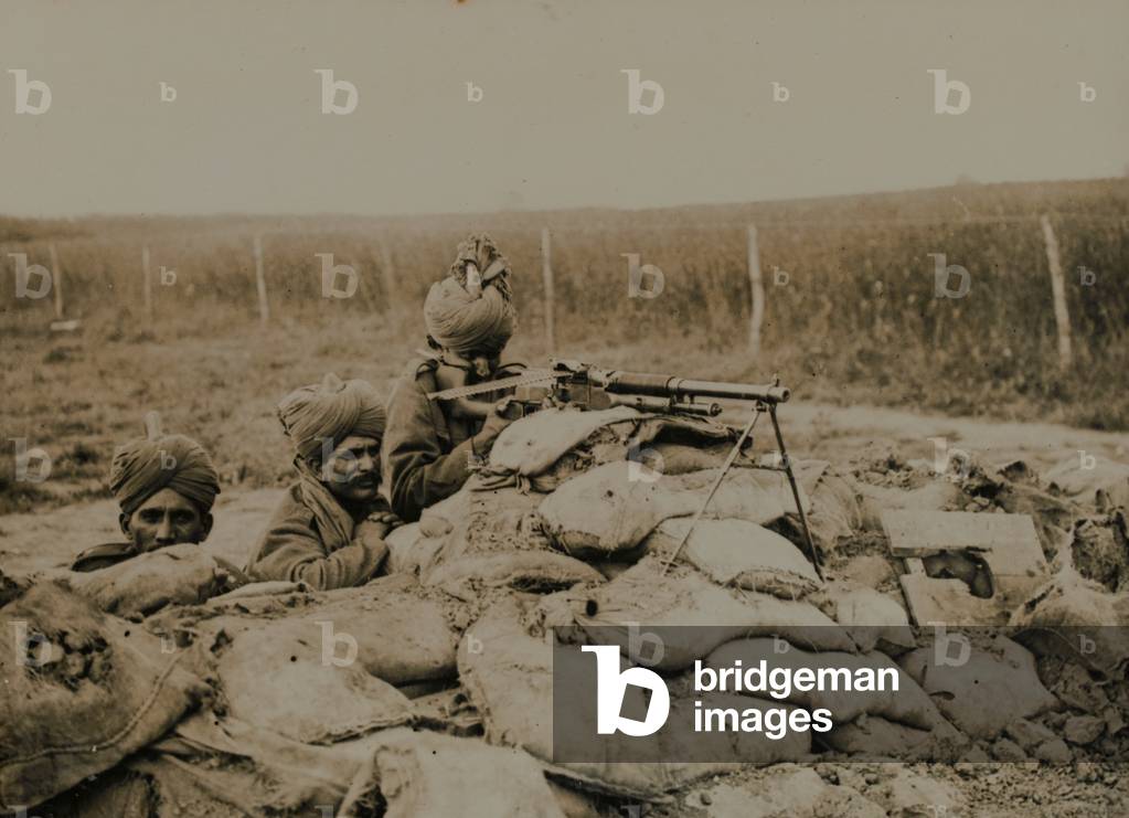 A Benet-Mercier machine gun section of 2nd Rajput Light Infantry in action, 1914-1915 (b/w photo)