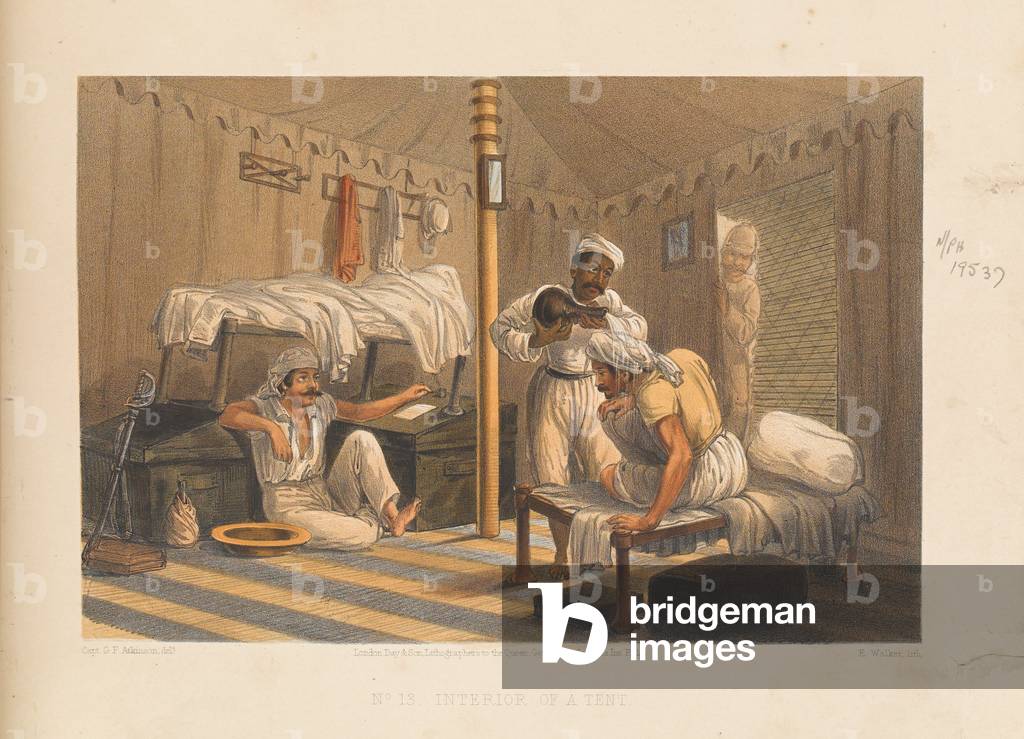 Interior of a tent, 1857 (coloured lithograph)