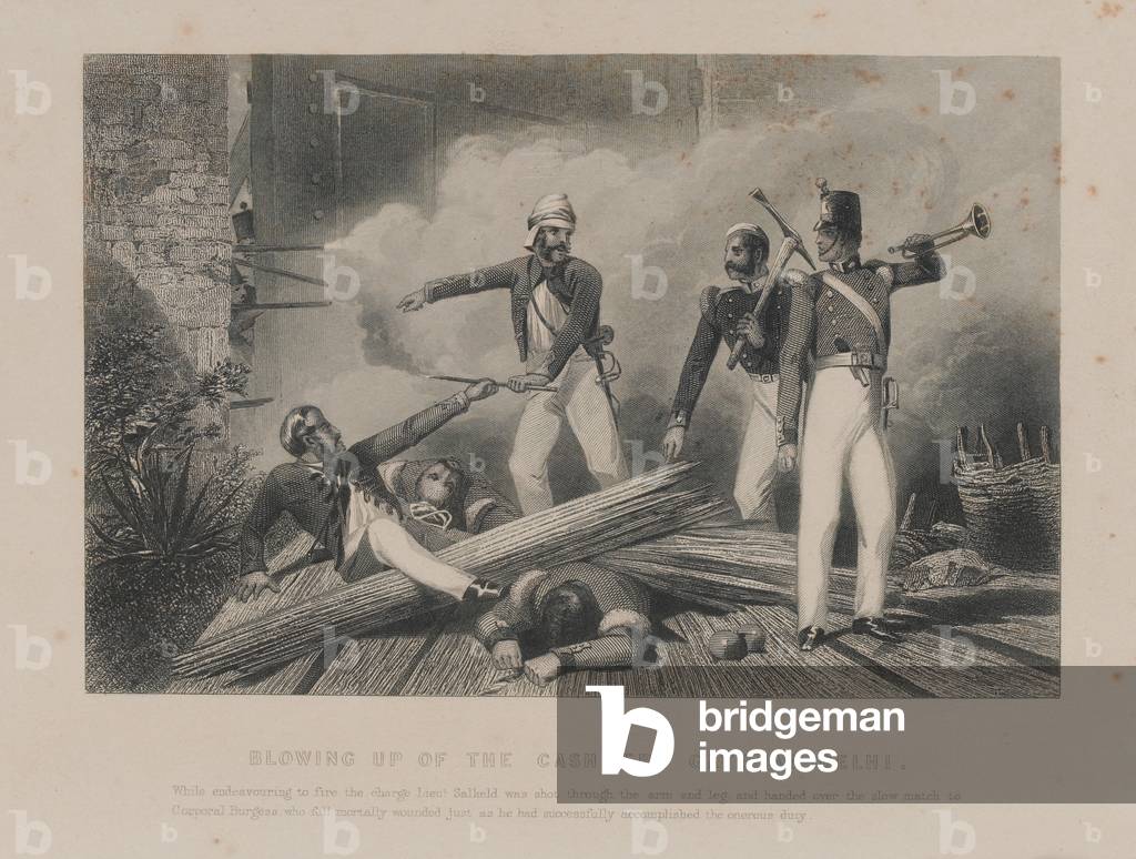 Blowing up of the Cashmere Gate at Delhi, Indian Mutiny, 1857 (engraving)