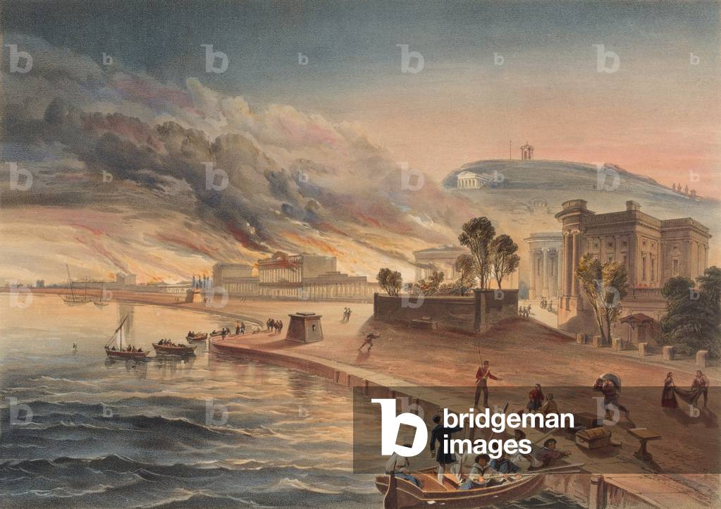 Burning of the Government Buildings at Kertch. 9th June 1855 (colour litho)