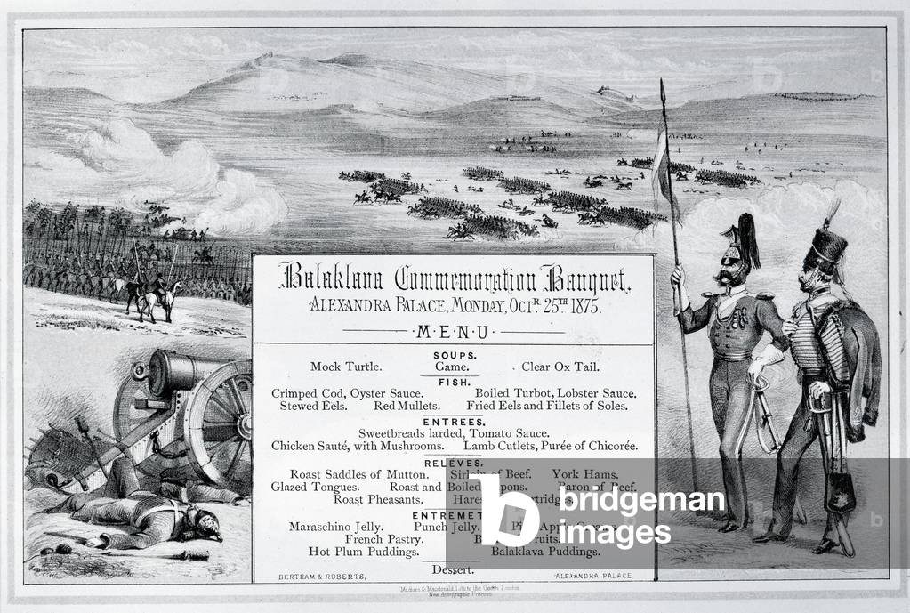Mounted illustrated menu for the Balaklava Commemoration Banquet held at Alexandra Palace, 25 October 1875 (engraving)