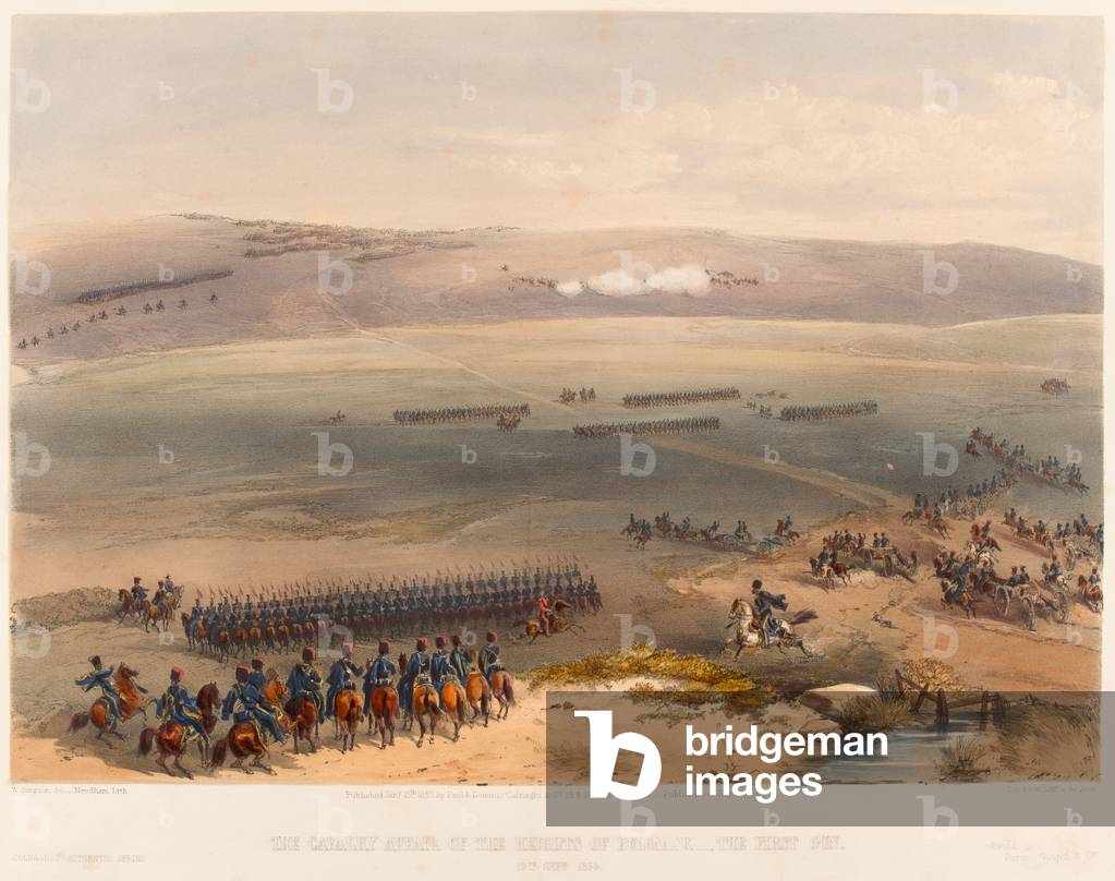 The Cavalry Affair of the Heights of Bulganak - the First Gun. 19th Sepr 1854, 1855 (coloured lithograph)