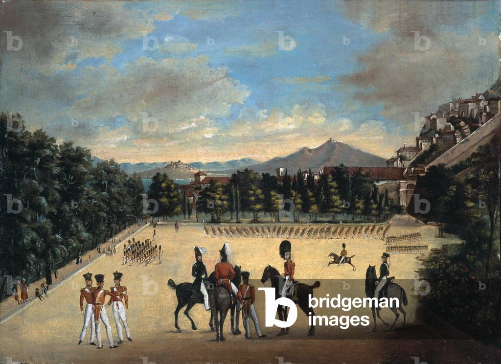 British troops on parade at a Mediterranean station, possibly Corfu, 1830 circa (oil on canvas)