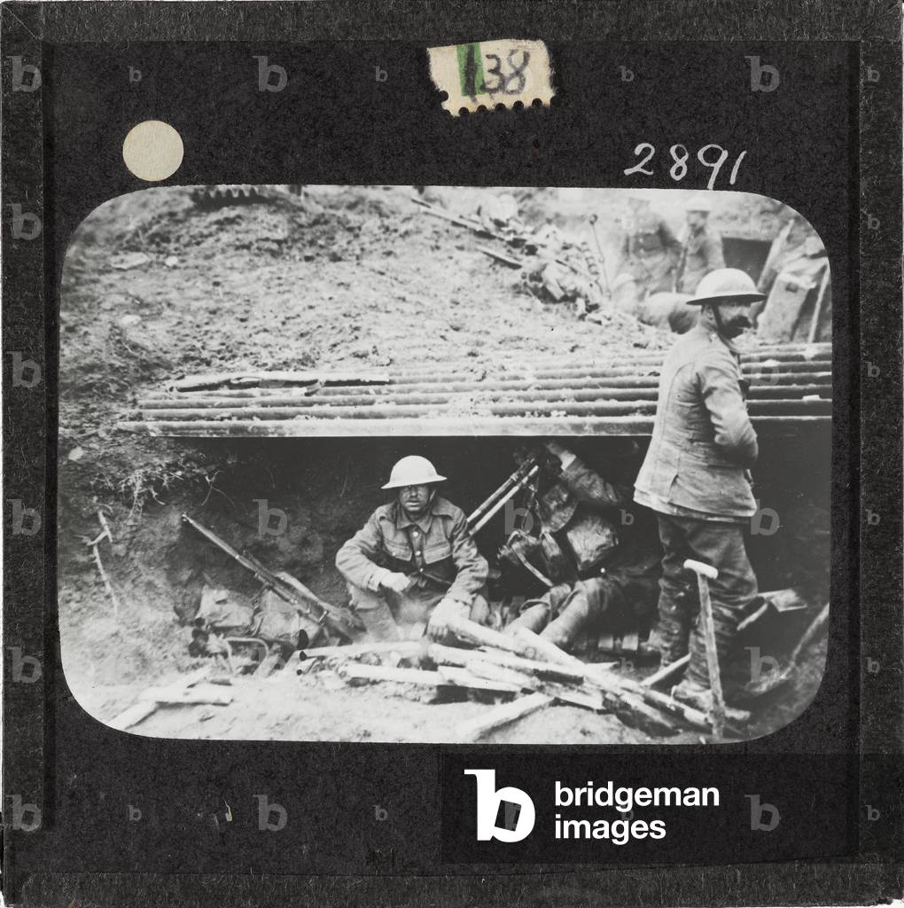 Resting in a dugout, 9 April 1917 (lantern slide)
