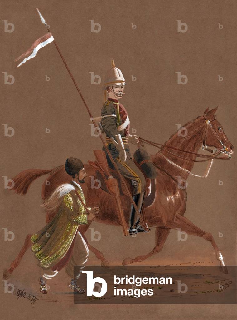 Trooper of the 9th Lancers riding, with an Afghan soldier running beside his horse, 1880 (w/c)