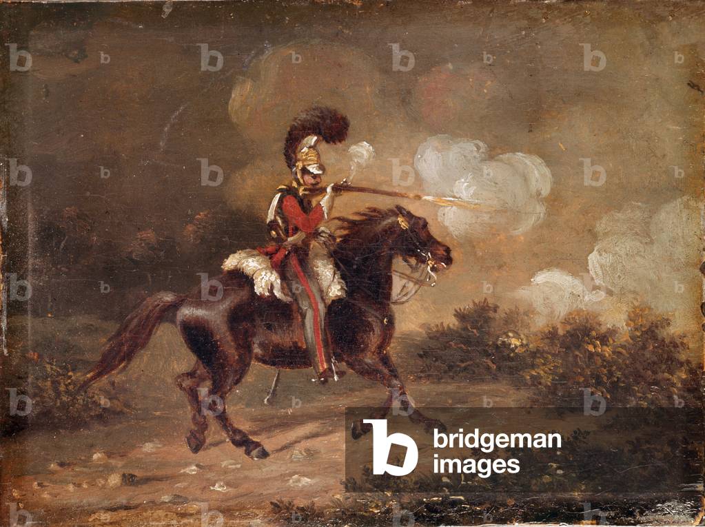 Trooper of 1st Life Guards firing a carbine, 1830 circa (oil on board)