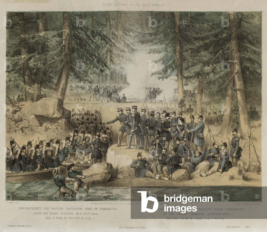 Landing of the French troops near Bomarsund in the Aland Islands, August 8th 1854 (lithograph, tinted)