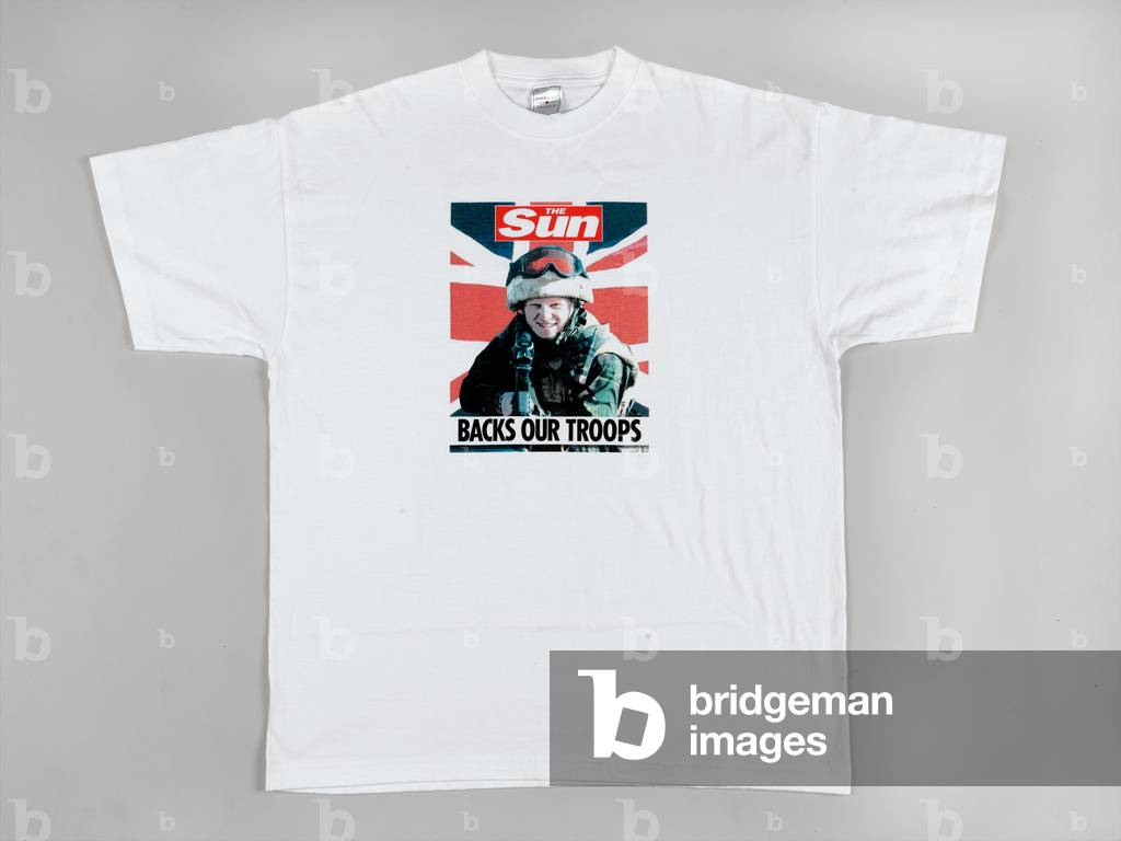 White cotton t-shirt printed with a Union Jack, The Sun newspaper logo and the words, 'Back Our Troops', 1991 circa (fabric)