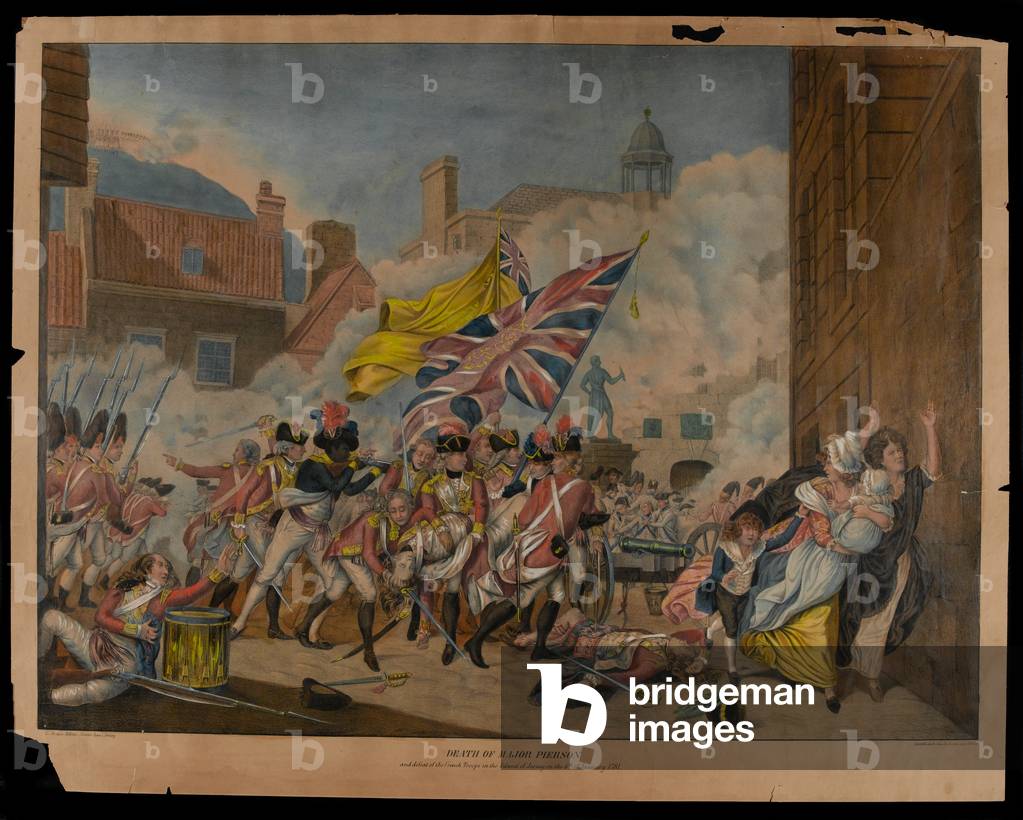 Death of Major Pierson and defeat of the French troops in the Island of Jersey on 6th of January 1781 (coloured lithograph)