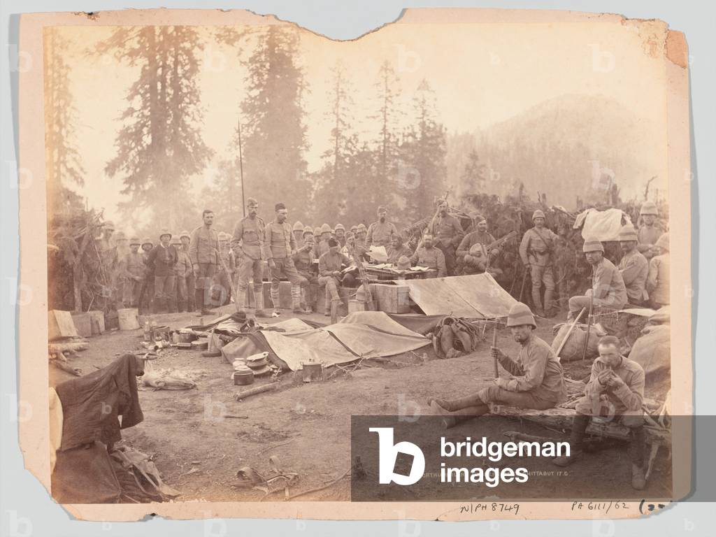 Northumberland Fusiliers mess during the Black Mountain expedition, 1888 (b/w photo)