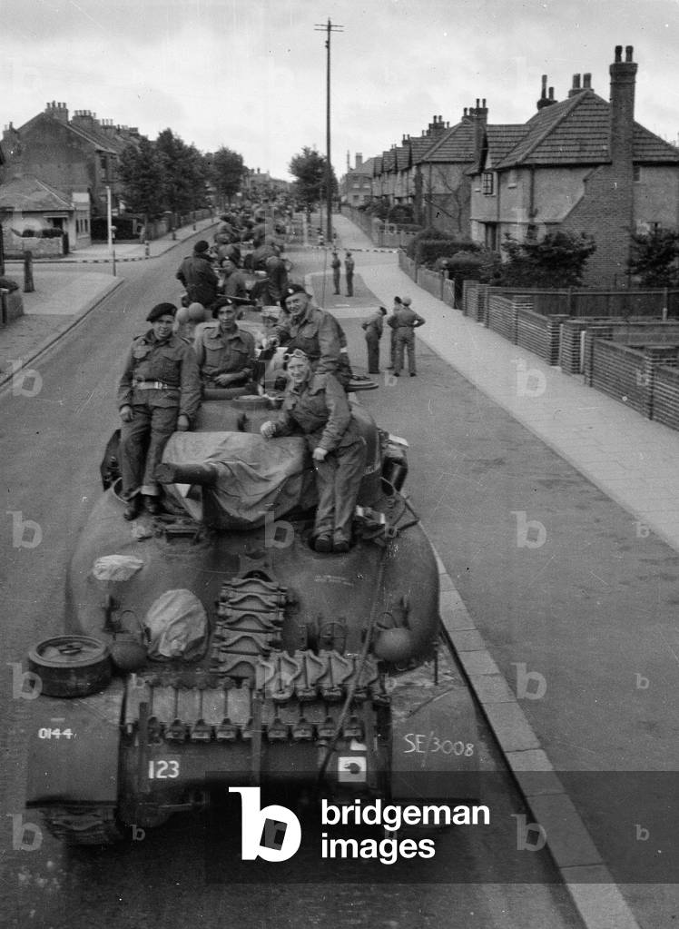 Waterproofed Sherman tanks of 3rd County of London Yeomanry at Worthing, Operation OVERLORD, 1944 (b/w photo)